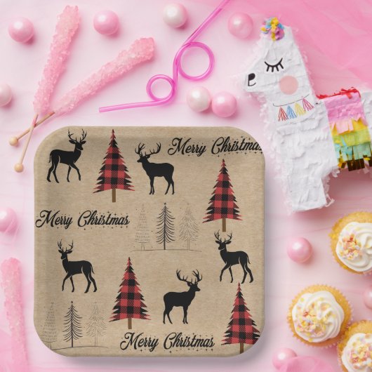 Red Buffalo Plaid & Merry Christmas Woodlands Papieren Bordje (Feest)