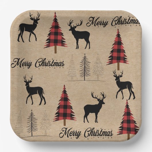 Red Buffalo Plaid & Merry Christmas Woodlands Papieren Bordje (Voorkant)