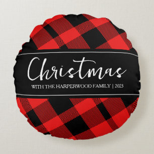 Red Buffalo Plaid Minimalistische Kerstmis familie Rond Kussen