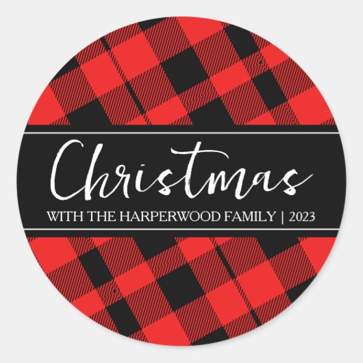 Red Buffalo Plaid Minimalistische Kerstmis familie Ronde Sticker (Voorkant)