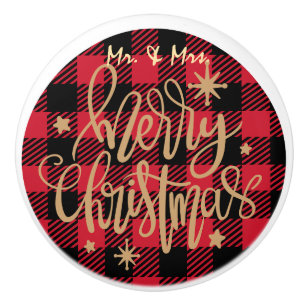 Red Buffalo Plaid Mr. & Mrs. Merry Christmas Keramische Knop