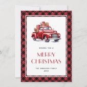 Red Buffalo Plaid Old Truck Vrolijke Kerst Kaart (Voorkant)