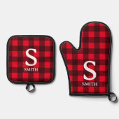 Red buffalo plaid op maat monogram ovenwant & pannenlap set (Voorkant)