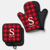 Red buffalo plaid op maat monogram ovenwant & pannenlap set (Voorkant / Achterkant)