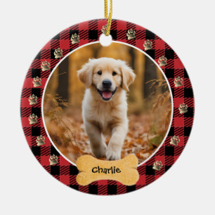 Red Buffalo Plaid Patroon Goud Pet Print Familie Keramisch Ornament
