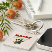 Red Buffalo Plaid Paw Print Kerst Sleutelhanger (Voorkant Rechts)