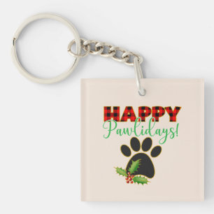 Red Buffalo Plaid Paw Print Kerst Sleutelhanger