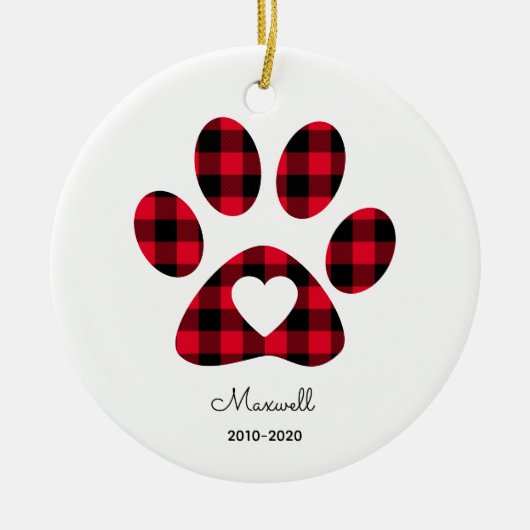 Red Buffalo Plaid Paw Print White Heart Keramisch Ornament (Voorkant)