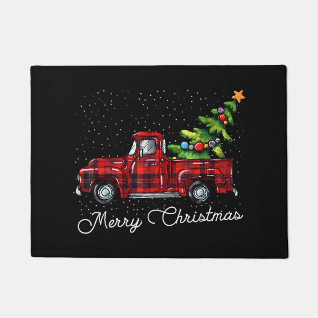 Red Buffalo Plaid Pickup Truck with Tree Merry Chr Deurmat (Voorkant)