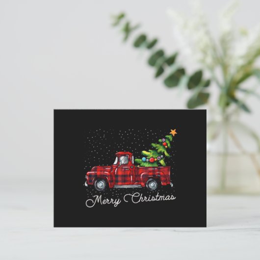 Red Buffalo Plaid Pickup Truck with Tree Merry Chr Informatiekaartje (Staand voorkant)