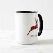 Red Buffalo Plaid Reindeer Kerstmonogram Mok (Voorkant rechts)