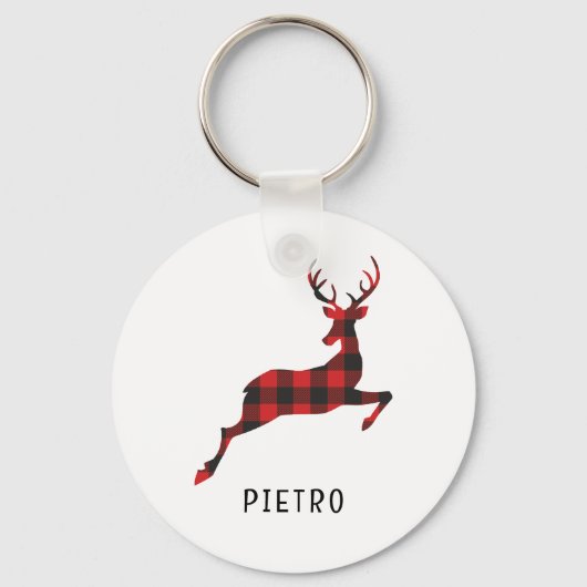 Red Buffalo Plaid Reindeer Kerstmonogram Sleutelhanger (Voorkant)