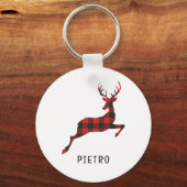 Red Buffalo Plaid Reindeer Kerstmonogram Sleutelhanger (Voorkant)