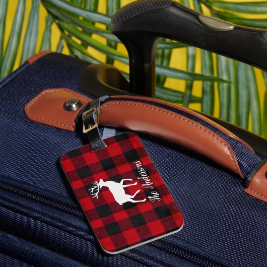 Red Buffalo Plaid & Reindeer | Personal Name Gift  Bagagelabel (Voorkant Insitu 1)