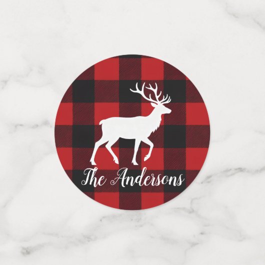 Red Buffalo Plaid & Reindeer | Personal Name Table Confetti (Kleine voorkant)