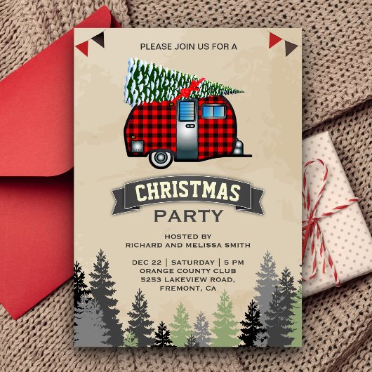 Red Buffalo Plaid Retro Camper Kerstfeest Kaart