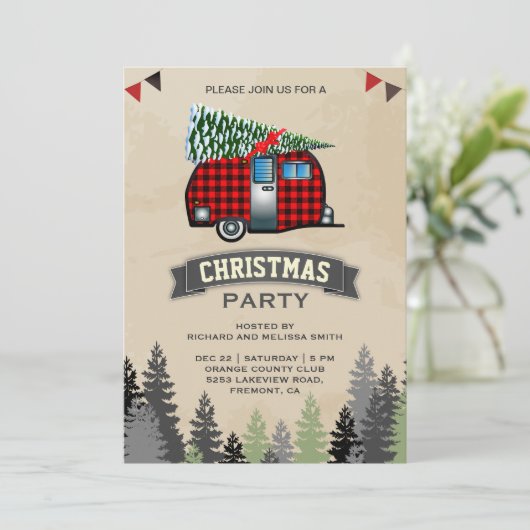 Red Buffalo Plaid Retro Camper Kerstfeest Kaart (Staand voorkant)