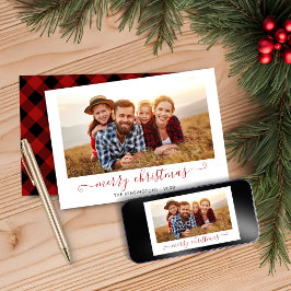Red Buffalo Plaid Script Vrolijk Kerstfeest Foto Feestdagenkaart