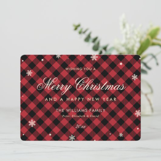 Red Buffalo Plaid Snowflake Feestdagenkaart (Staand voorkant)