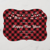 Red Buffalo Plaid String Lights New Year Card Feestdagenkaart (Voorkant / Achterkant)