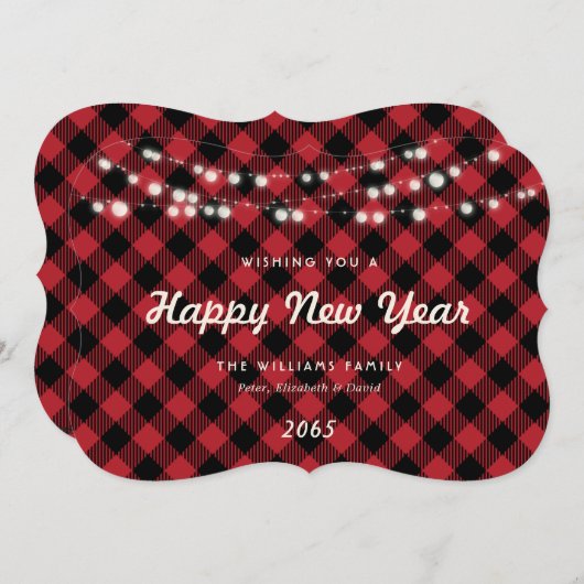 Red Buffalo Plaid String Lights New Year Card Feestdagenkaart (Voorkant / Achterkant)