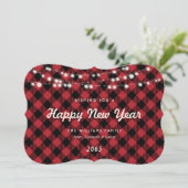 Red Buffalo Plaid String Lights New Year Card Feestdagenkaart (Staand voorkant)