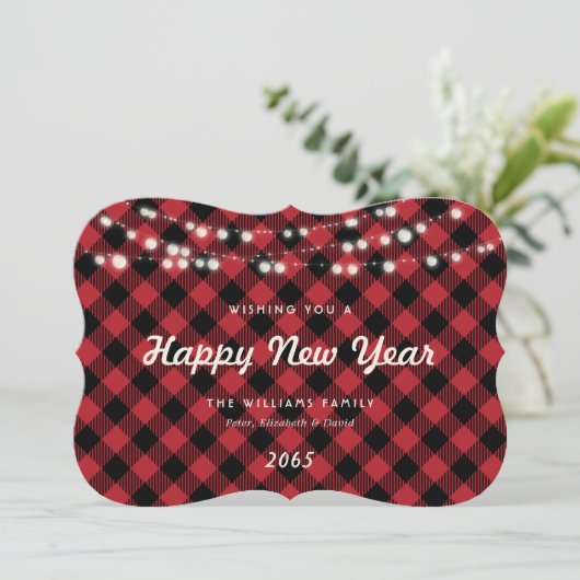 Red Buffalo Plaid String Lights New Year Card Feestdagenkaart (Staand voorkant)
