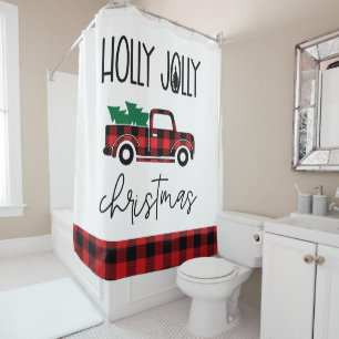 Red Buffalo Plaid  Truck Christmas Douchegordijn