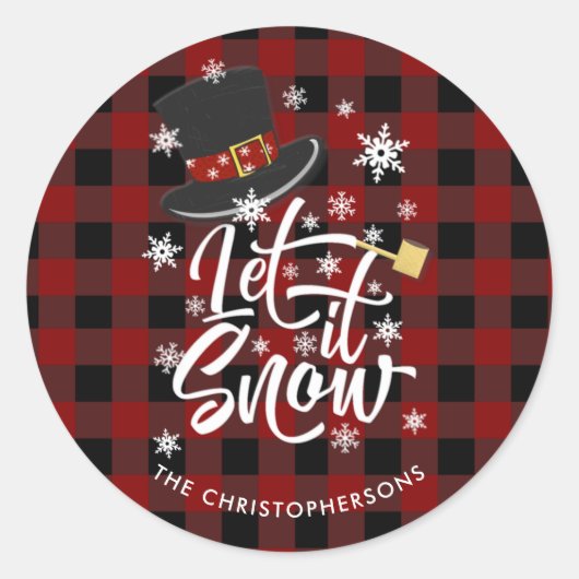 Red Buffalo Plaid Whimsical Snowman LAAT HET SNEEU Ronde Sticker (Voorkant)