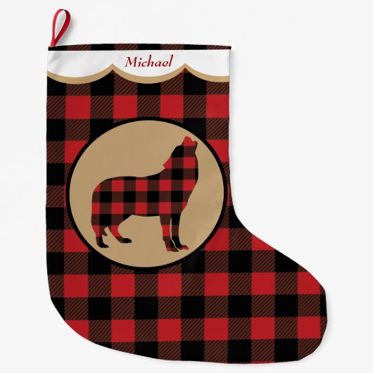 Red Buffalo Plaid Wolf gepersonaliseerd Grote Kerstsok (Voorkant)