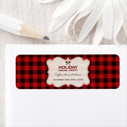 Red Buffalo Plaid Wood Vakantiefeest Etiket (Insitu)