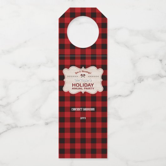 Red Buffalo Plaid Wood Vakantiefeest Flessenhanger (Voorkant)