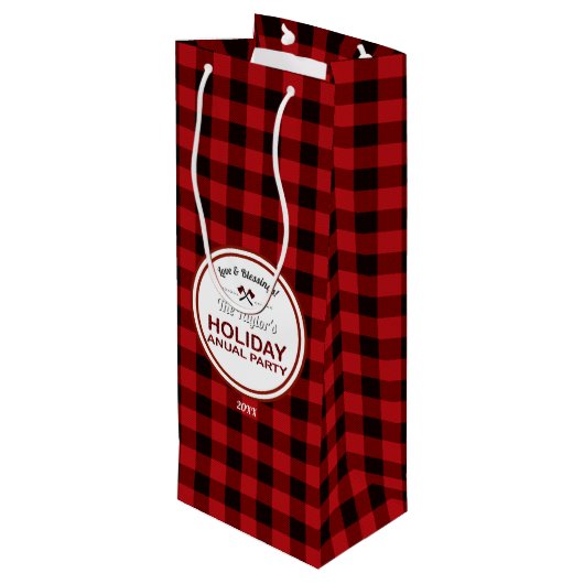 Red Buffalo Plaid Wood Vakantiefeest Wijn Cadeautas (Achterkant Gekanteld)