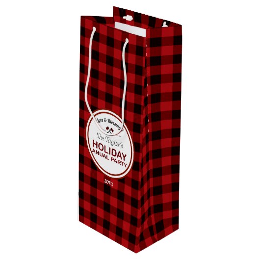 Red Buffalo Plaid Wood Vakantiefeest Wijn Cadeautas (Voorkant Gekanteld)