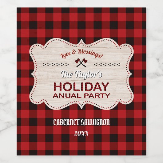 Red Buffalo Plaid Wood Vakantiefeest Wijn Etiket (Enkel label)