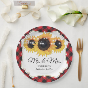 Red Buffalo Plaid Zonnebloem Mr en Mrs Wedding Papieren Bordje