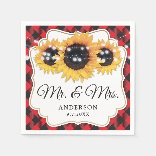 Red Buffalo Plaid Zonnebloem Mr & Mrs Wedding Servet (Voorkant)