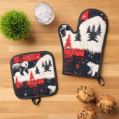 Red Buffalo Plaids Polar Beer Ovenwant & Pannenlap Set (Top down)