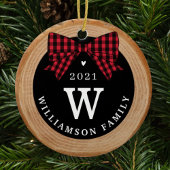 Red Buffalo Pset Bow Monogram & Fotohout Slice Keramisch Ornament