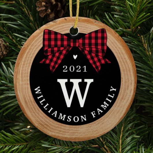 Red Buffalo Pset Bow Monogram & Fotohout Slice Keramisch Ornament