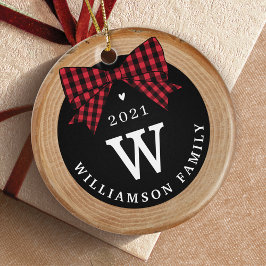 Red Buffalo Pset Bow Monogram & Fotohout Slice Keramisch Ornament