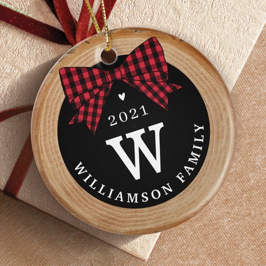 Red Buffalo Pset Bow Monogram & Fotohout Slice Keramisch Ornament