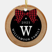 Red Buffalo Pset Bow Monogram & Fotohout Slice Keramisch Ornament (Voorkant)