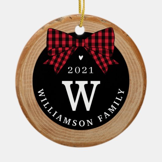 Red Buffalo Pset Bow Monogram & Fotohout Slice Keramisch Ornament (Voorkant)