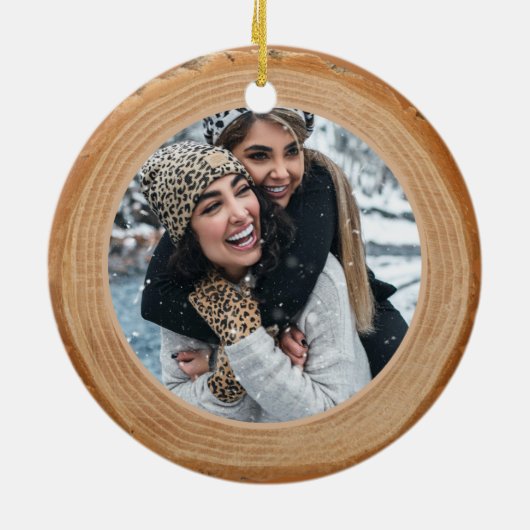 Red Buffalo Pset Bow Monogram & Fotohout Slice Keramisch Ornament (Achterkant)