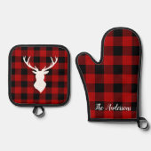 Red Buffalo Pset & Deer | Persoonlijke naam Cadeau Ovenwant & Pannenlap Set (Voorkant)