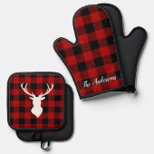 Red Buffalo Pset & Deer | Persoonlijke naam Cadeau Ovenwant & Pannenlap Set (Voorkant / Achterkant)