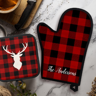 Red Buffalo Pset & Deer   Persoonlijke naam Cadeau Ovenwant & Pannenlap Set