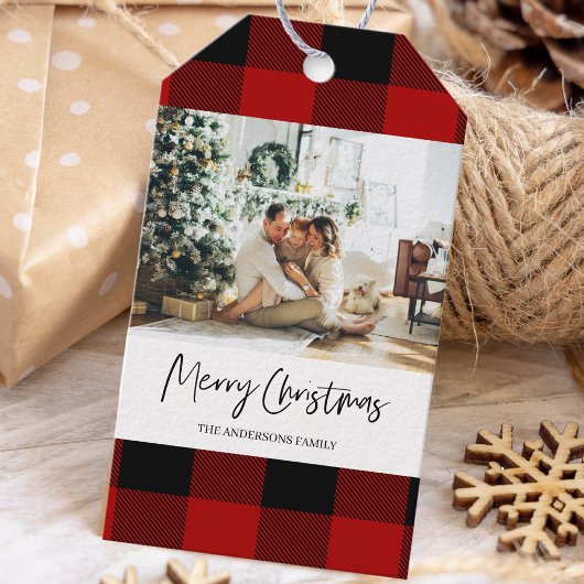 Red Buffalo-pset en prettige kerstmis met foto Cadeaulabel
