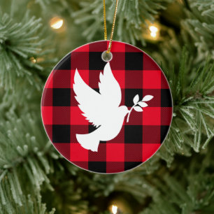 Red Buffalo Pset en White Peace Dove Keramisch Ornament